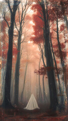 Obraz premium A mysterious ghost figure in a flowing white garment stands in a foggy forest surrounded by tall, dark trees on a quiet, eerie day