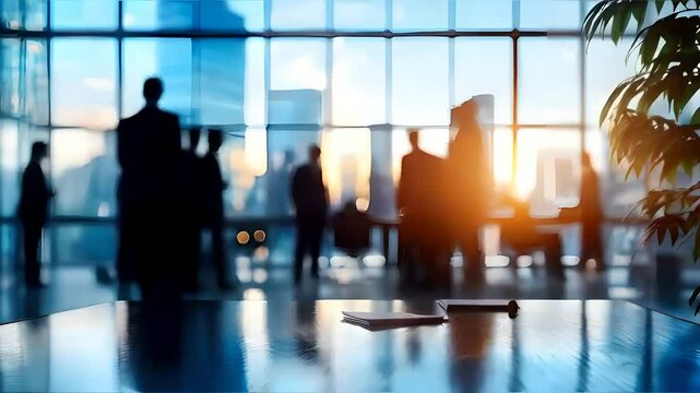 Businesspeople gathered in an office meeting room, blurred in the background, discussing work matters and brainstorming ideas, corporate teamwork, professional environment, office collaboration