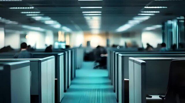 Cubicle office view with people milling around in the blurred background, workers moving through the office space, workday atmosphere, office routine