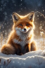 Fototapeta premium Cute Fluffy Fox Cub Lying on Sparkling Snow Among Snowflakes and Shimmering Lights