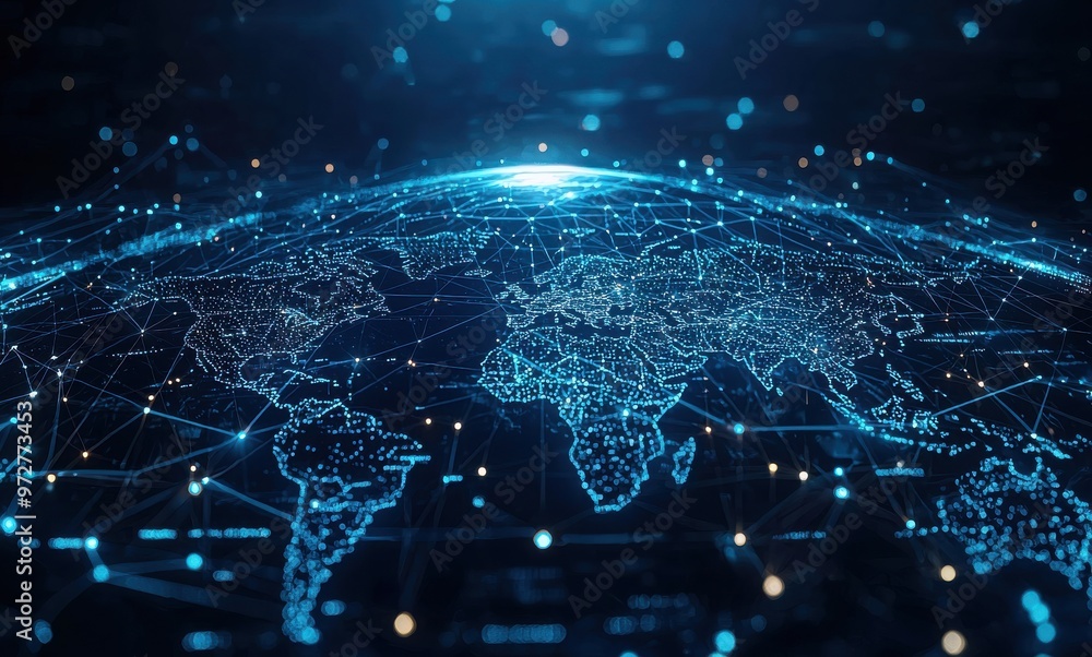Poster global digital network map with interconnected lines representing international communication and te