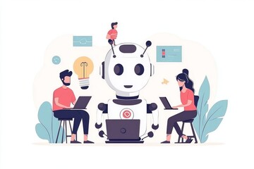 New innovative development, A light bulb jigsaw puzzle is completed by businessmen working together as a team with AI. A modern design.