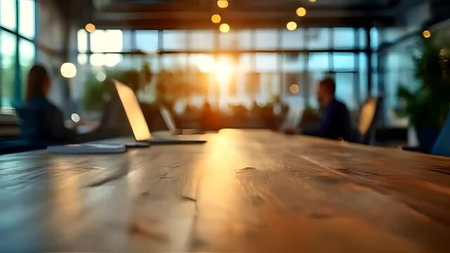 Modern office meeting room with businesspeople around a conference table and laptop on a wooden desk, background blurred, professional discussion and collaboration, business environment