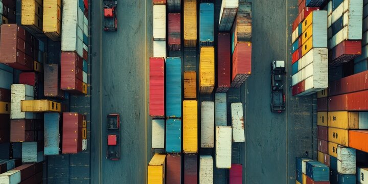 Aerial view of colorful shipping containers arranged in a port, showcasing the logistics and transportation industry.