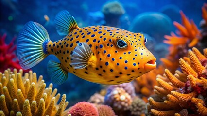 Vibrant orange and blue boxfish puffer fish swims horizontally in a coral reef, its inflated body showcasing intricate