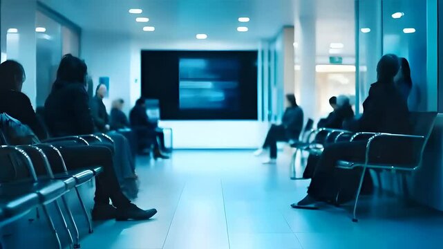 People sitting in a clinic waiting room, watching a large screen, with a blurred background, waiting area, patients waiting for their appointment