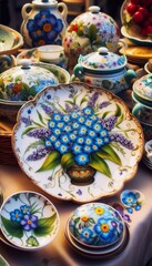 Fototapeta premium italienische Töpferwaren mit einem Vergissmeinnicht Motiv auf einem Markt in Italien