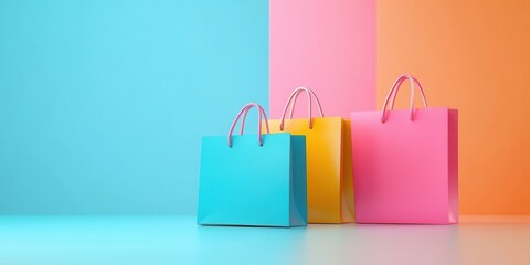 Brightly colored shopping bags arranged on a vibrant background, perfect for showcasing retail and shopping themes.