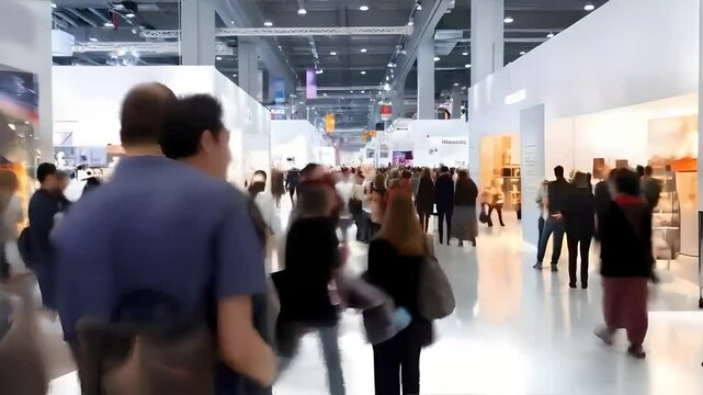 Exhibition hall with people walking and interacting, dynamic movement and lively atmosphere, blurred background, busy event, engaging crowd