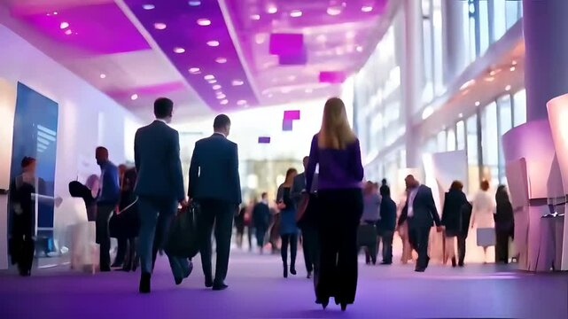 Business people at expos and conferences, interacting and networking, blurred background, professional event, conference atmosphere