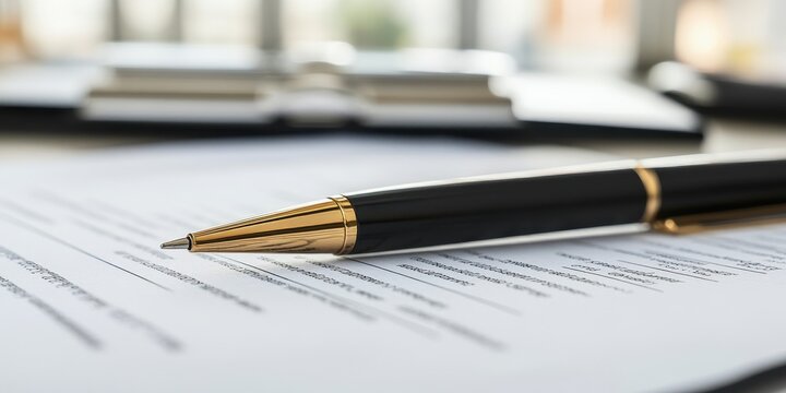 Close-up of a stylish pen resting on a document with notes, perfect for business or office themes.