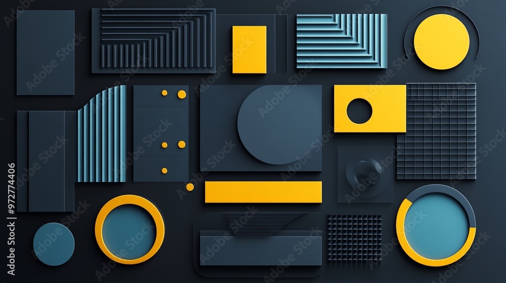 Poster bento grid layout with modern graphic design elements in gray color on dark background. blue and yel
