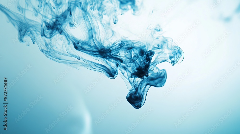 Poster minimalist abstract shot of a single drop of ink in clear water, with swirling patterns and soft gra