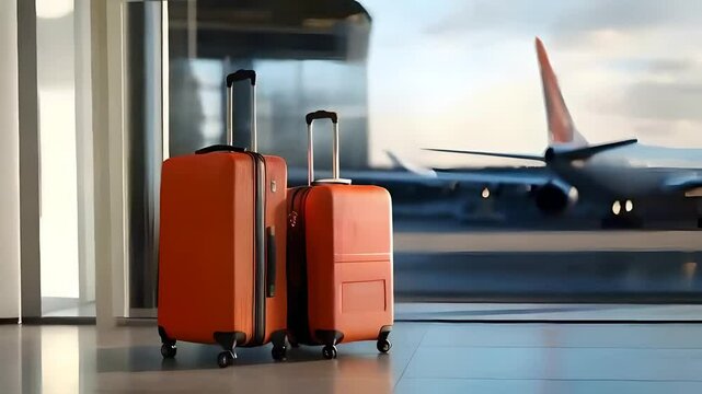 Two suitcases near the window in an airport, with an airplane in the blurred background, travel concept, ready for boarding