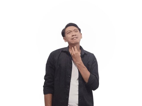 recommend clip art: A young Asian man in a black shirt holds his throat, indicating discomfort or pain. The white background accentuates his expression