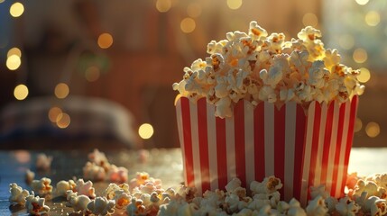 Popcorn in a Red and White Striped Bucket with a Bokeh Background, popcorn, movie night, snack
