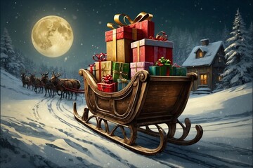 Christmas Sleigh Decorated with Vintage Wooden Paintings.