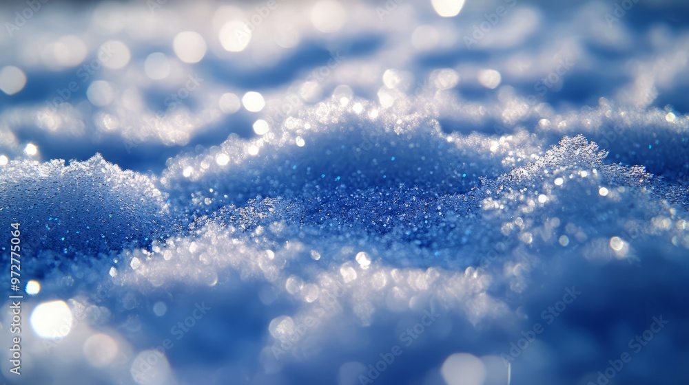Poster glittering snow under moonlight, with tiny crystals reflecting a soft, bluish glow and creating a sh