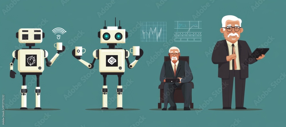 Poster an illustration of robotic generations, ai technology in robots, and humanoids in computer generatio