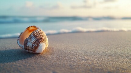 Minimalist close-up of a single seashell on a smooth sandy beach, with soft focus and natural textures creating a peaceful, simple scene, 4K hyperrealistic photo.