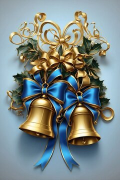 Two Golden Christmas Bells Adorned with a Blue Ribbon and Bow,