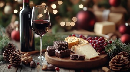 Assembling DIY Christmas gift baskets with wine, cheese, and chocolates, ready for holiday giving. 4K hyperrealistic photo.