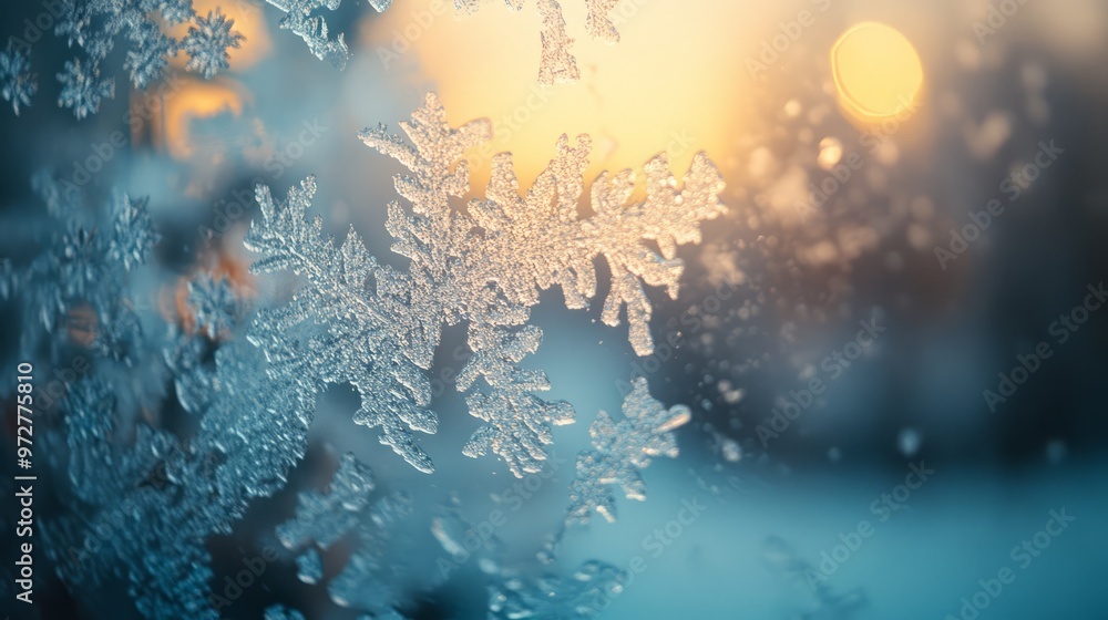 Poster glittering texture of christmas snow spray on a window, with delicate, frosty patterns adding a fest