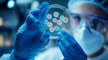 A scientist wearing blue gloves holding a petri dish with bacteria or virus samples