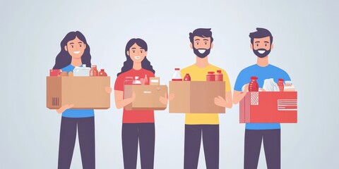 Obraz premium Group of smiling individuals holding boxes and bottles, showcasing teamwork and community support in a cheerful and colorful setting.
