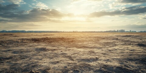 Obraz premium Golden sunlight illuminates a vast, dry landscape, creating a serene and peaceful atmosphere in nature.