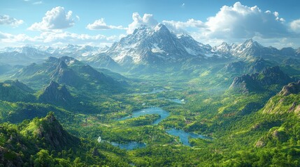 A breathtaking mountain landscape with lush greenery and rivers.