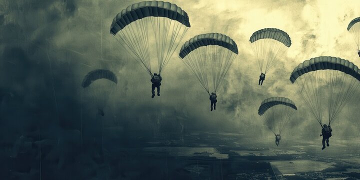 Paratroopers descending through a dramatic sky, showcasing bravery and precision in airborne operations during military exercises.