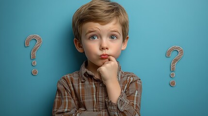Little boy with hand on chin and question marks