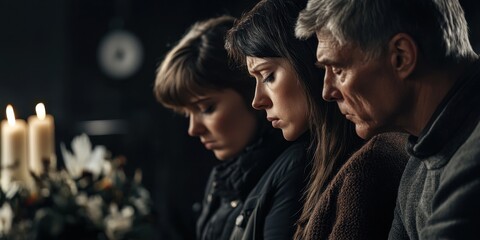 Fototapeta premium Three individuals express deep emotions in a solemn setting, capturing the essence of contemplation and human connection.