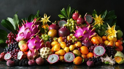 An artfully arranged fruit display with dragon fruit, star fruit, and passion fruit, showcasing