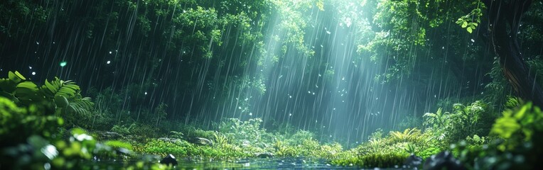 Obraz premium Serene Cartoon Forest Scene with Gentle Rainfall and Lush Greenery