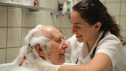Caring for elders is vital role, showcasing caregiver assisting an elderly man during bath. scene reflects compassion and support in daily activities, emphasizing importance of personal care