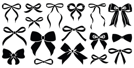 Simple hand drawn black ribbon bow collection. Bowknot for decoration, big set of bowtie. Large retro handdrawn ribbon illustration set. Set of various cartoon bow knots, gift ribbons