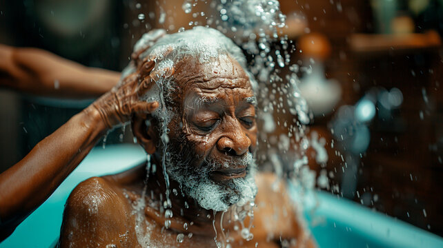 Caring for black elders is essential, showcasing caregiver assisting an elderly man during bath. scene reflects compassion and support in daily activities, emphasizing importance of care