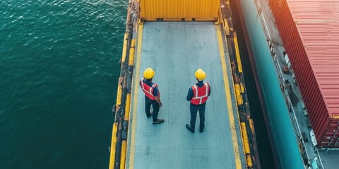Two workers in safety gear inspect shipping containers on a port dock, ensuring operational safety and efficiency.