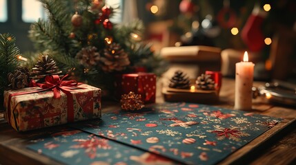 Creating personalized Christmas gift tags with festive designs, neatly organized on a crafting station. 4K hyperrealistic photo.