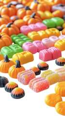 Fototapeta premium Vibrant array of colorful Halloween candies, featuring pumpkins and assorted sweets, perfect for festive celebrations.