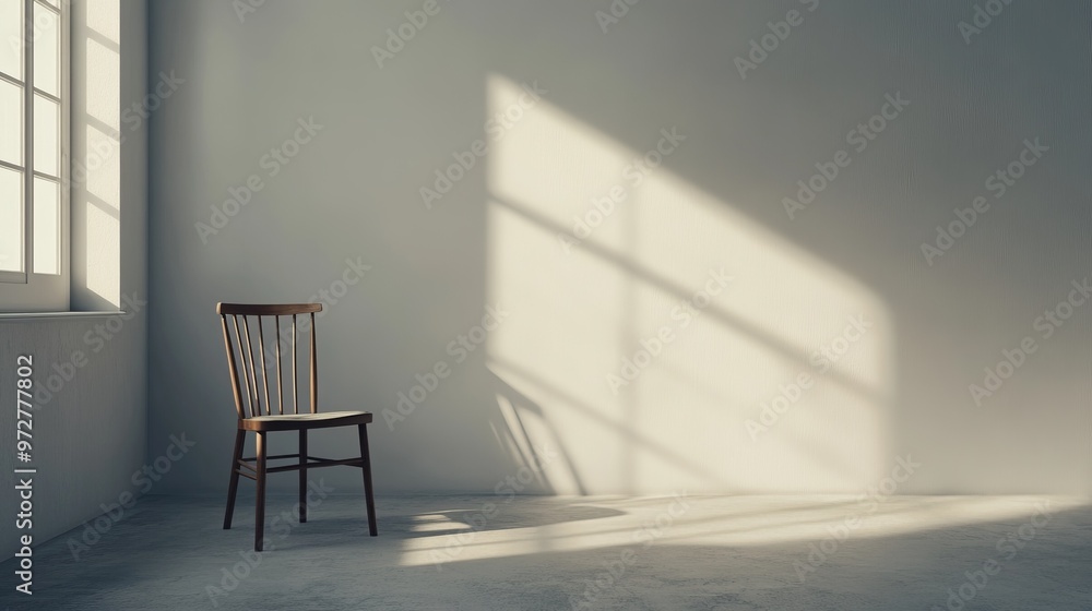 Poster minimalist scene of a single chair in an empty room, with soft light from a nearby window creating a