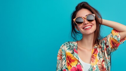 Obraz premium Photo of charming glad cheerful woman wear stylish print clothes empty space isolated on blue color background