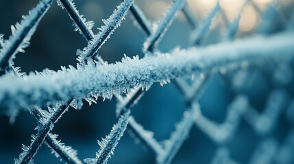 Detailed shot of frost on a metal chain link fence, with the ice crystals creating a sharp, cold texture. 4K hyperrealistic photo.