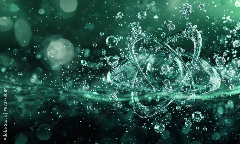Poster abstract green background with floating elements representing water molecules and atomic structure
