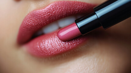 Obraz premium A close-up of a pink lipstick being swiped across a womans lips