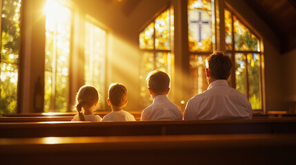 a family praying together in an evangelical church, bathed in soft natural light from nearby windows