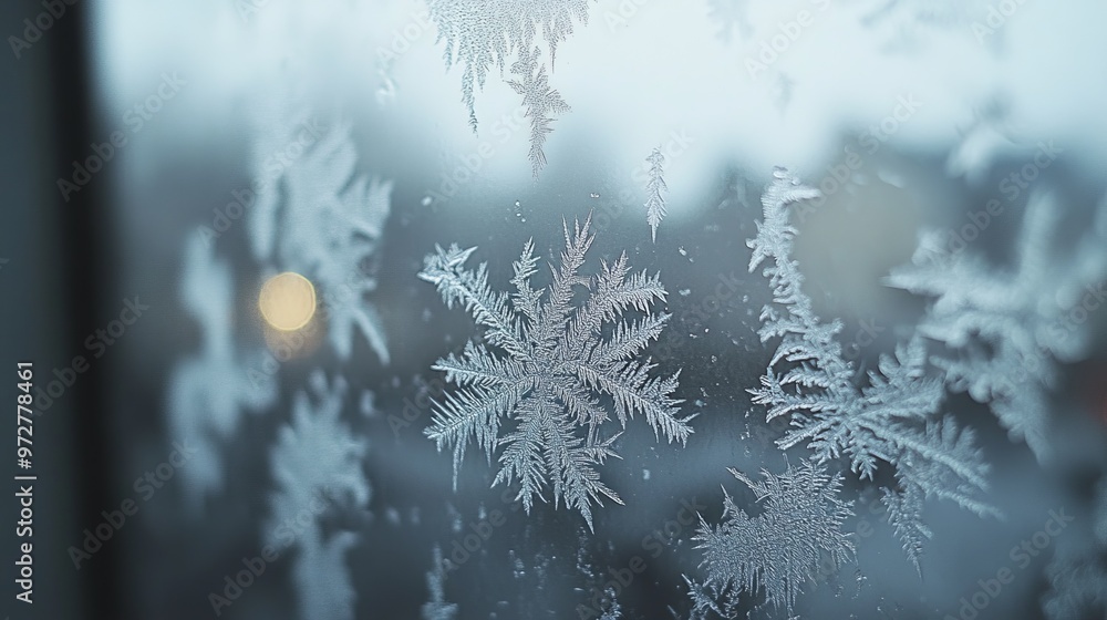 Poster frost-covered window with delicate ice patterns, capturing the cold, intricate textures of winter. 4