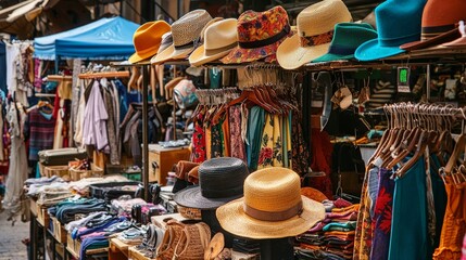 A bustling flea market stall with racks of colorful vintage clothing, hats, and accessories, evoking a sense of nostalgia